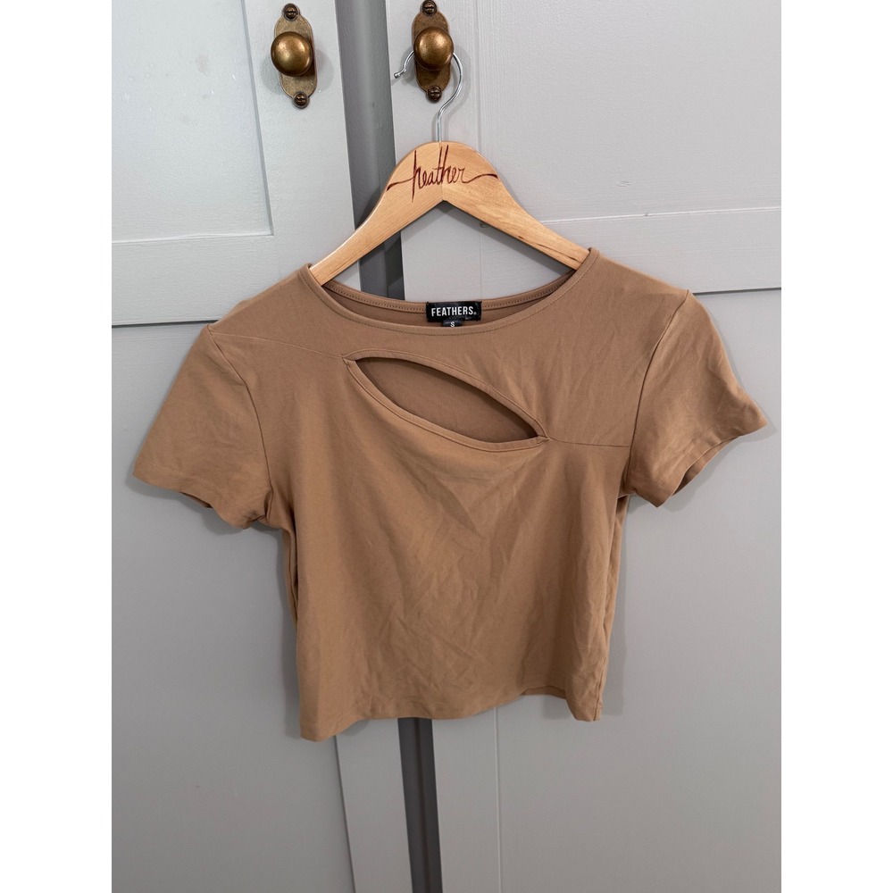Feathers Womens Tan Cutout Short Sleeve Crop Top Tee Small Camel Brown
